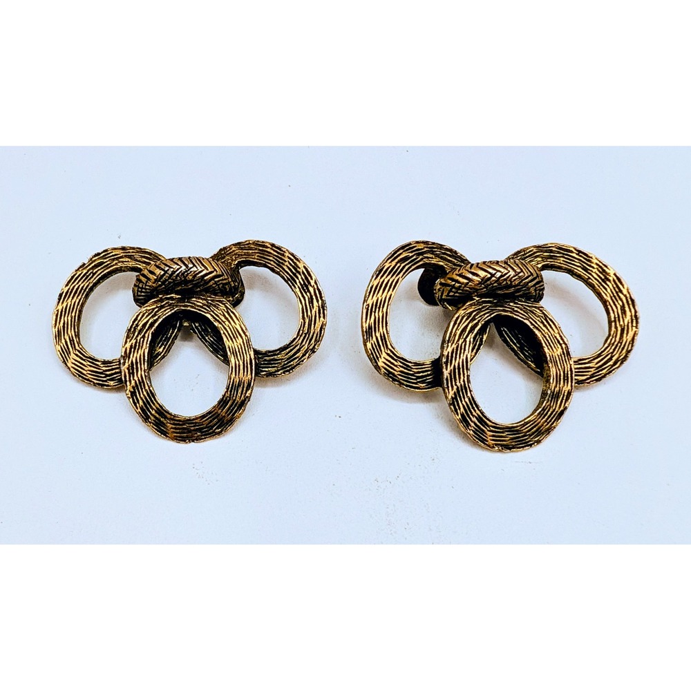 Vintage 80s Gold Triple Hoop Shoe Clips Textured Etched Door Knocker Style Pair
